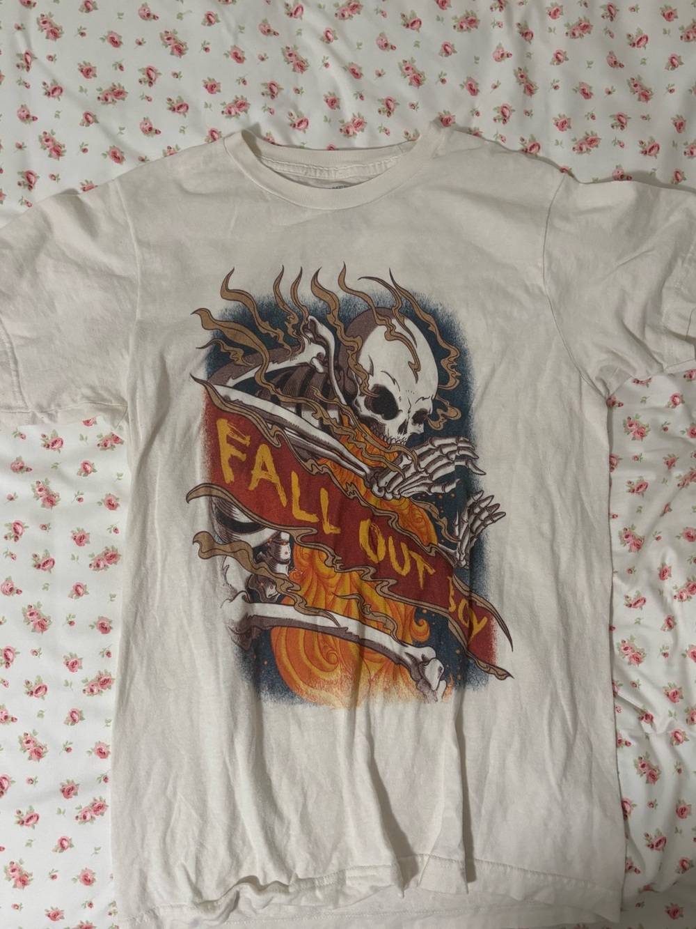 Graphic Skull Band Tee - White with Orange and Navy Artwork